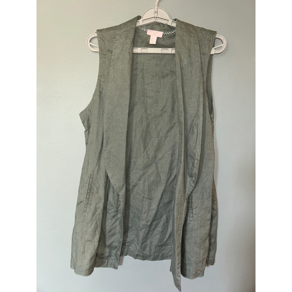 St. Tropez West Vest Women Size M Medium Green Linen Coastal Grandmother Chic